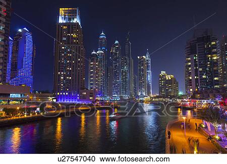 Dubai Marina at night, United Arab Emirates View Large Photo Image Stock Image - Dubai Marina at night, United Arab Emirates. Fotosearch