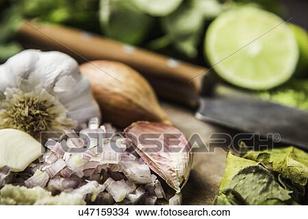 Picture - Ingredients for making green curry paste. Fotosearch
