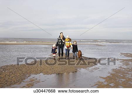 Stock Photo - Mid adult parents with son, daughter and dog strolling on beach, Bloemendaal aan Zee, Netherlands. Fotosearch