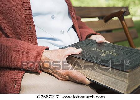 Stock Photo - Mid section of senior woman, sitting on park bench, holding bible. Fotosearch