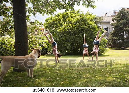 Stock Photo - Multiple composite of young woman doing handstands in garden. Fotosearch