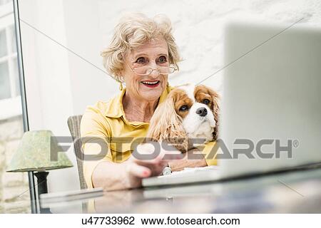 Senior woman with dog, using laptop View Large Photo Image Stock Image - Senior woman with dog, using laptop. Fotosearch