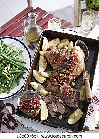 Still life of roast lamb with pomegranate seeds and vegetables View Large Photo Image Stock Image - Still life of roast lamb with pomegranate seeds and vegetables. Fotosearch