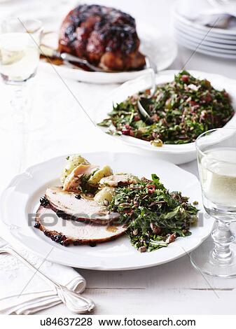 Still life of xmas main course with roast turkey, smoked trout and potatoes View Large Photo Image Stock Photo - Still life of xmas main course with roast turkey, smoked trout and potatoes. Fotosearch