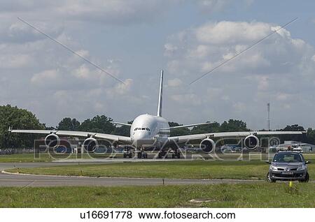 Airbus A380 flight test aircraft prepares for takeoff at Paris Air Show View Large Photo Image Stock Photo - Airbus A380 flight test aircraft prepares for takeoff at Paris Air Show. Fotosearch