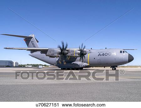 Stock Image - Airbus Defence and Space A400M flight test aircraft at Seville. Fotosearch