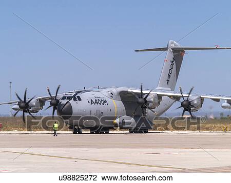 Stock Image - Airbus Defence and Space A400M flight test aircraft at Seville. Fotosearch