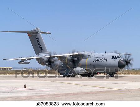 Stock Image - Airbus Defense and Space A400M flight test aircraft at Seville. Fotosearch