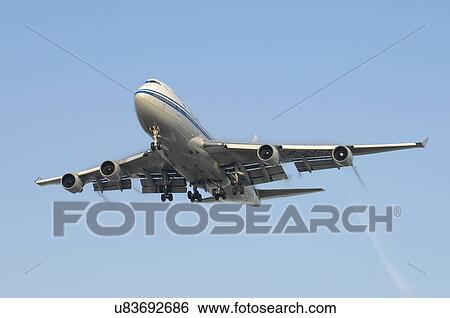 Stock Photograph - Boeing 747-400 Combi on final approach for Los Angeles International Airport. Fotosearch
