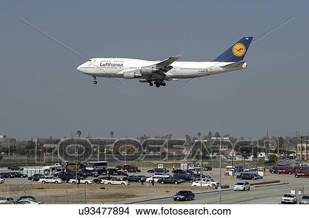 Boeing 747-400 of Lufthansa on final approach to Los Angeles International Airport View Large Photo Image Picture - Boeing 747-400 of Lufthansa on final approach to Los Angeles International Airport. Fotosearch