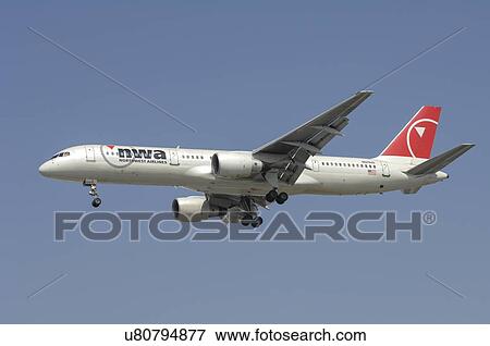 Stock Photo - Boeing 757-200 of Northwest Airlines on final approach to Los Angeles International Airport. Fotosearch