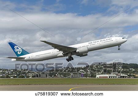 Boeing 777-300 of Air New Zealand taking off View Large Photo Image Stock Photo - Boeing 777-300 of Air New Zealand taking off . Fotosearch