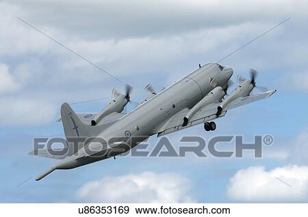 Stock Photo - Lockheed P-3K Orion taking off from Whenuapai Air Base. Fotosearch