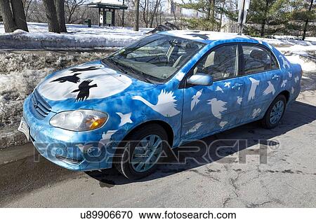 Stock Image - Car painted in birds. Fotosearch