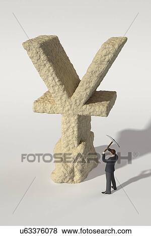 Stock Photo - Toy figure of man holding chisel in front of stone Yen symbol. Fotosearch