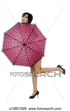 Stock Photograph - Woman hidden behind umbrella. Fotosearch