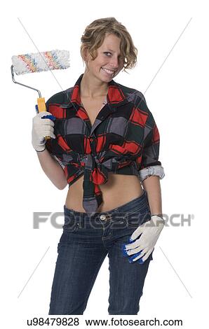 Woman ready to paint View Large Photo Image Stock Photo - Woman ready to paint. Fotosearch