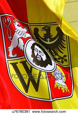 Stock Image - Wroclaw coat of arms flag. Fotosearch