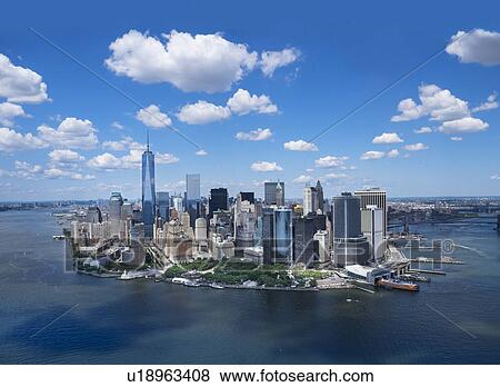 Aerial view of Manhattan and New York City skyline View Large Photo Image Stock Photo - Aerial view of Manhattan and New York City skyline. Fotosearch