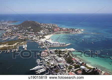 Aerial view of town, marina and Caribbean sea View Large Photo Image Stock Photo - Aerial view of town, marina and Caribbean sea. Fotosearch
