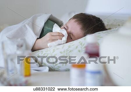 boy (8-9) lying in bed and blowing nose View Large Photo Image Stock Image - boy (8-9) lying in bed and blowing nose. Fotosearch