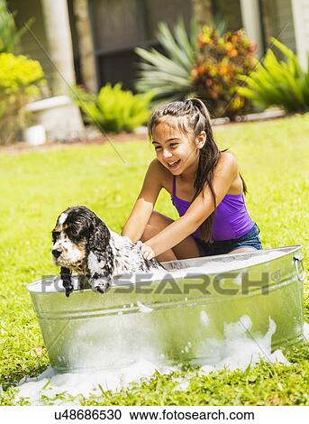 Stock Image - girl (8-9) bathing dog. Fotosearch