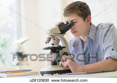 Teenage boy (16-17) looking through microscope View Large Photo Image Stock Image - Teenage boy (16-17) looking through microscope. Fotosearch
