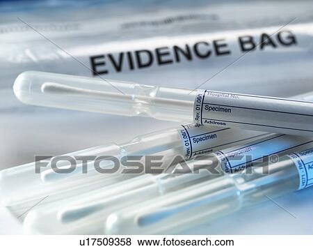 Stock Photo - A row of samples from a crime scene on top of genetic testing results. Fotosearch