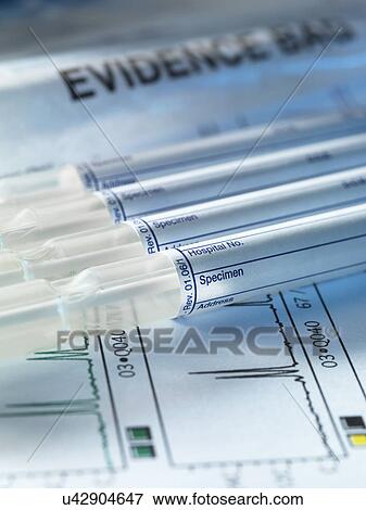 Stock Photo - A row of samples from a crime scene on top of genetic testing results. Fotosearch