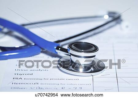 Acoustic stethoscope on the results of various tests done as part of a yearly health checkup View Large Photo Image Picture - Acoustic stethoscope on the results of various tests done as part of a yearly health checkup. Fotosearch