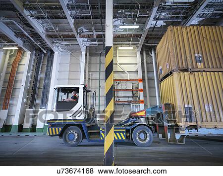 Stock Photo - Container truck inside ship's hold. Fotosearch