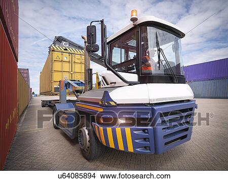 Picture - Crane unloading shipping containers from truck in port. Fotosearch