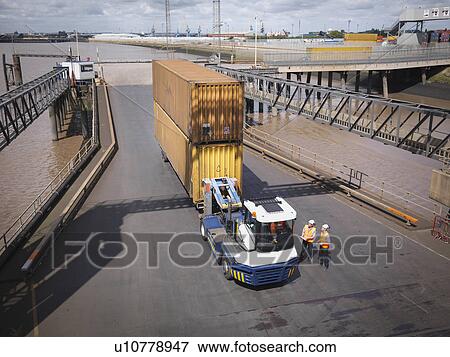 Elevated view of shipping container and truck on ramp to ship View Large Photo Image Stock Photo - Elevated view of shipping container and truck on ramp to ship. Fotosearch
