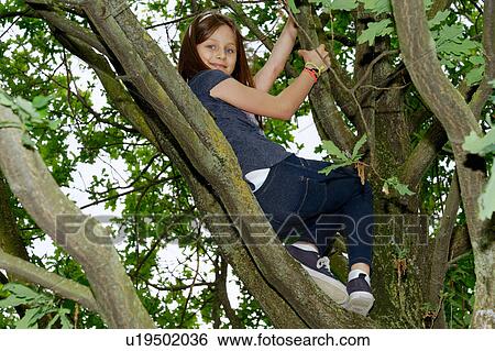 Girl sitting up a tree in park View Large Photo Image Stock Photograph - Girl sitting up a tree in park. Fotosearch