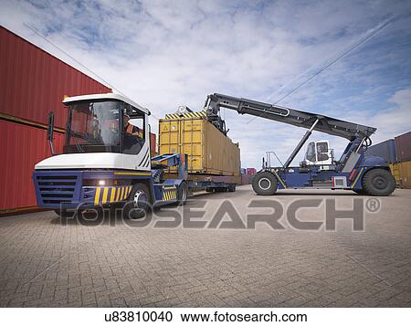 Loading crane stacking shipping containers from truck in port View Large Photo Image Stock Image - Loading crane stacking shipping containers from truck in port. Fotosearch