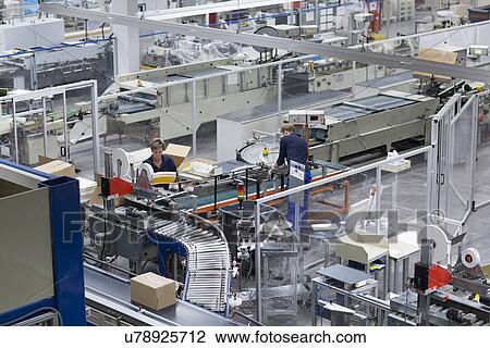 Stock Image - Male and female workers, working in paper packaging factory. Fotosearch
