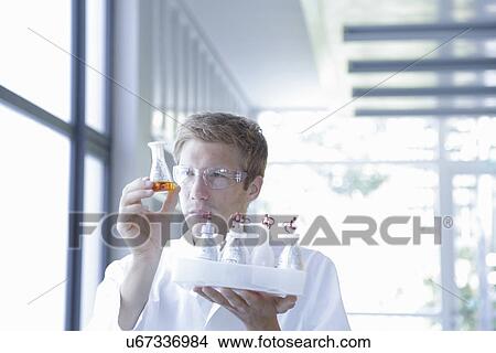 Picture - Male scientist analyzing erlenmeyer flask in lab. Fotosearch