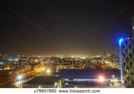 Stock Image - Media City, Cityscape at night, Manchester, UK. Fotosearch