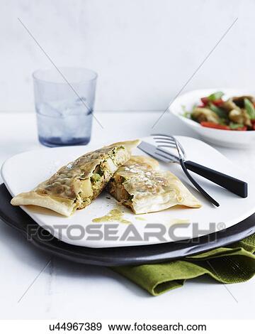 Stock Photo - Plate with tuna and egg briks and side dish. Fotosearch