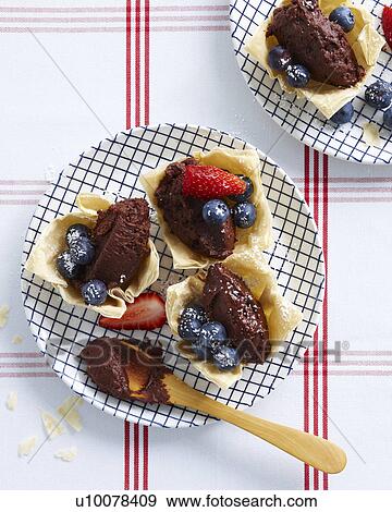 Plates of dark chocolate tarts with strawberries and blueberries View Large Photo Image Stock Photo - Plates of dark chocolate tarts with strawberries and blueberries. Fotosearch
