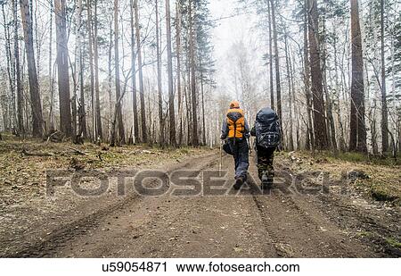 Stock Image - Rear view of boy hikers hiking on forest dirt track. Fotosearch