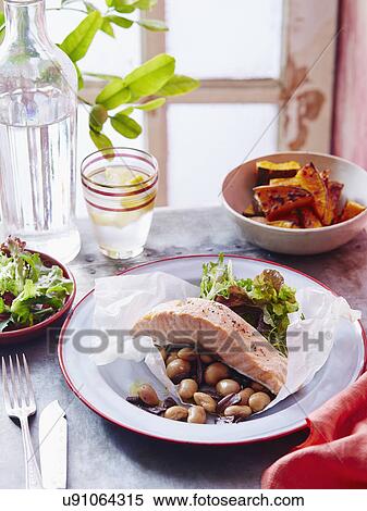 Salmon, pumpkin and olive salad View Large Photo Image Stock Photography - Salmon, pumpkin and olive salad. Fotosearch