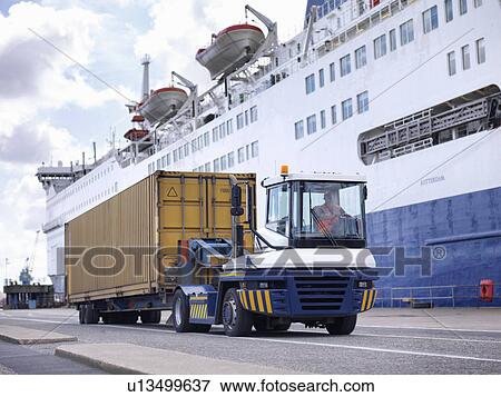 Shipping container and truck by ship in port View Large Photo Image Stock Photo - Shipping container and truck by ship in port. Fotosearch