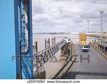 Shipping container and truck on ramp to ship, elevated view View Large Photo Image Picture - Shipping container and truck on ramp to ship, elevated view. Fotosearch
