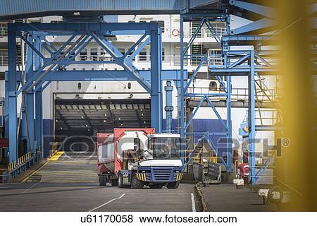 Truck loading shipping tank onto ship in port View Large Photo Image Stock Photo - Truck loading shipping tank onto ship in port. Fotosearch