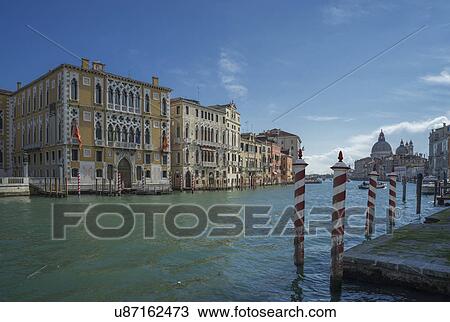Stock Image - View of pier and the Grand Canal, Venice, Veneto, Italy. Fotosearch