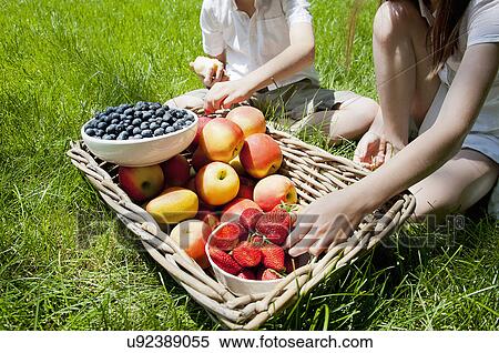 Stock Photography - Cropped view of brother and sisters eating fruit from basket on grass. Fotosearch