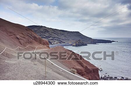 Stock Image - Eroded coastal path, Lanzarote, Canary Islands, Spain. Fotosearch