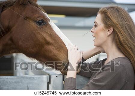 Stock Photography - Female stablehand petting chestnut horse in stables. Fotosearch