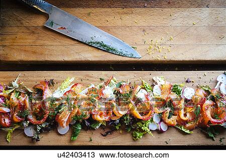 Gravlax salmon salad, still life View Large Photo Image Stock Image - Gravlax salmon salad, still life. Fotosearch